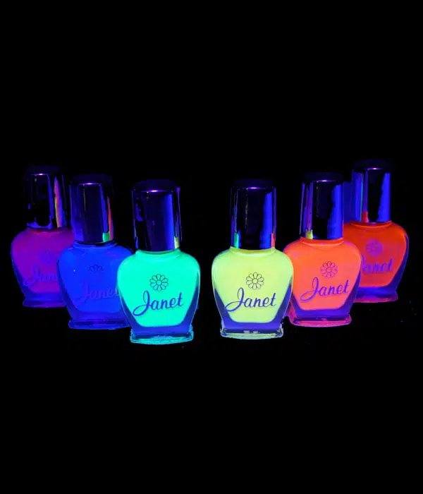 Six flacons de vernis à ongles fluo brillant sous lumière noire