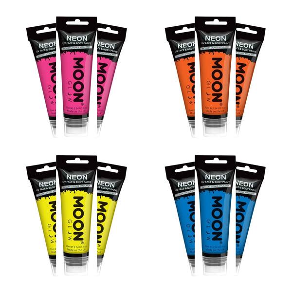 Tubes de peinture fluo UV visage et corps Moon Glow orange, bleu, rose et jaune