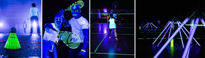 Badminton et volley sous lumière noire, lignes en ruban fluo