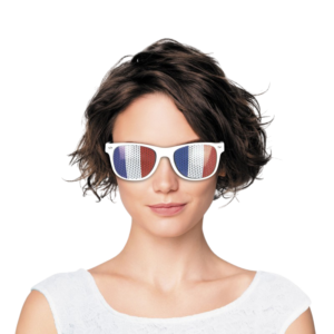 Lunettes tricolores bleu blanc rouge, parfaites pour supporter la France et compléter votre tenue lors d’événements sportifs ou festifs.